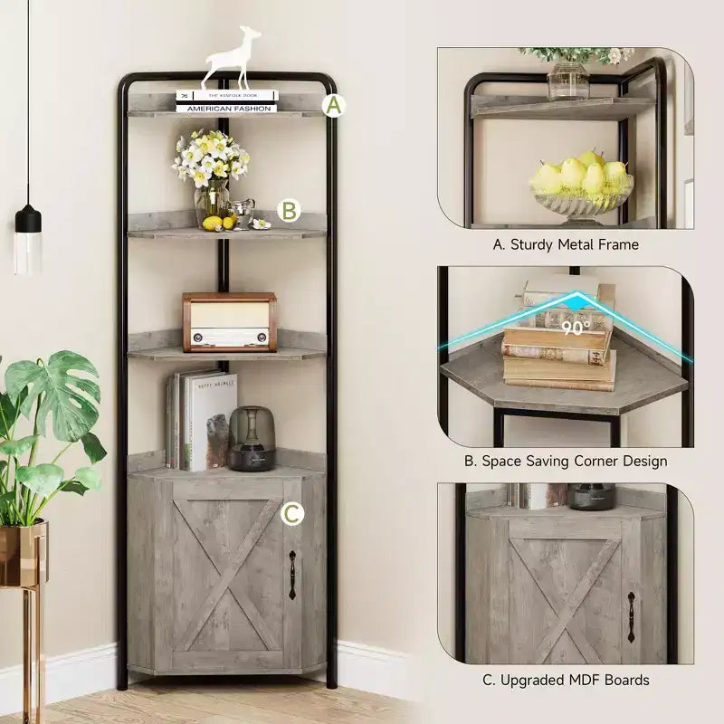 Scaffale angolare con contenitore, mobile angolare alto 180 cm, libreria angolare, portaoggetti per camera da letto, supporto per piante per soggiorno, ufficio, cucina-grigio