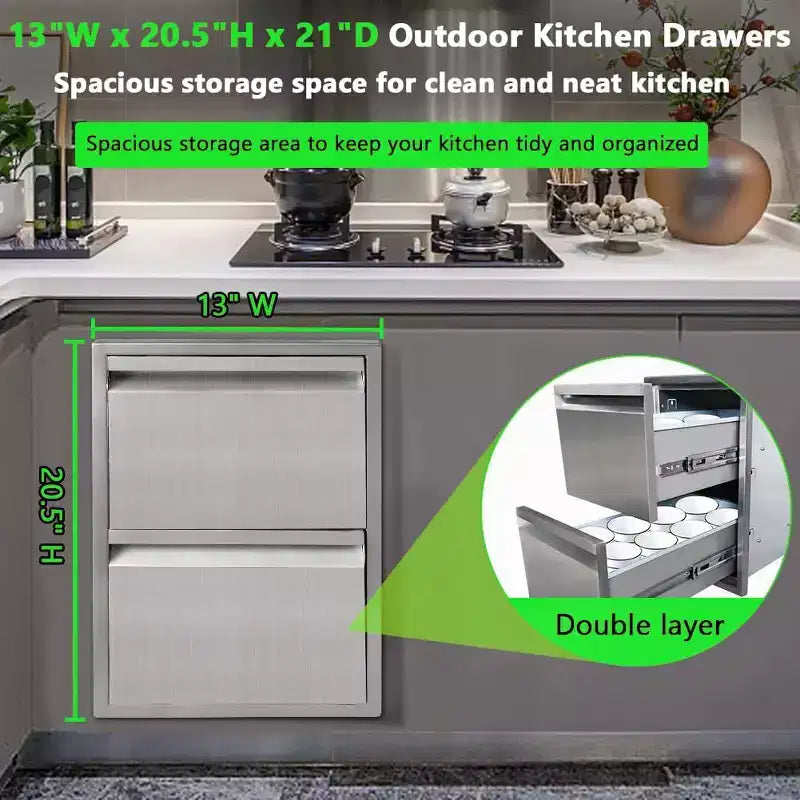 Cassetto da cucina per esterni, Cassetto BBQ da incasso a 2 strati in acciaio inossidabile per cucine da esterno e isole BBQ