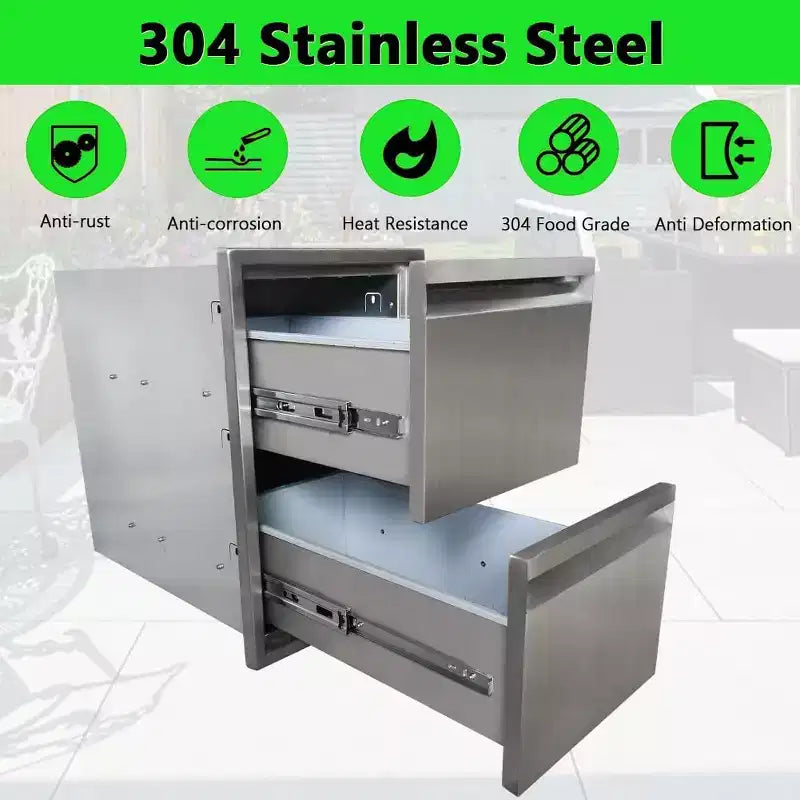 Cassetto da cucina per esterni, Cassetto BBQ da incasso a 2 strati in acciaio inossidabile per cucine da esterno e isole BBQ