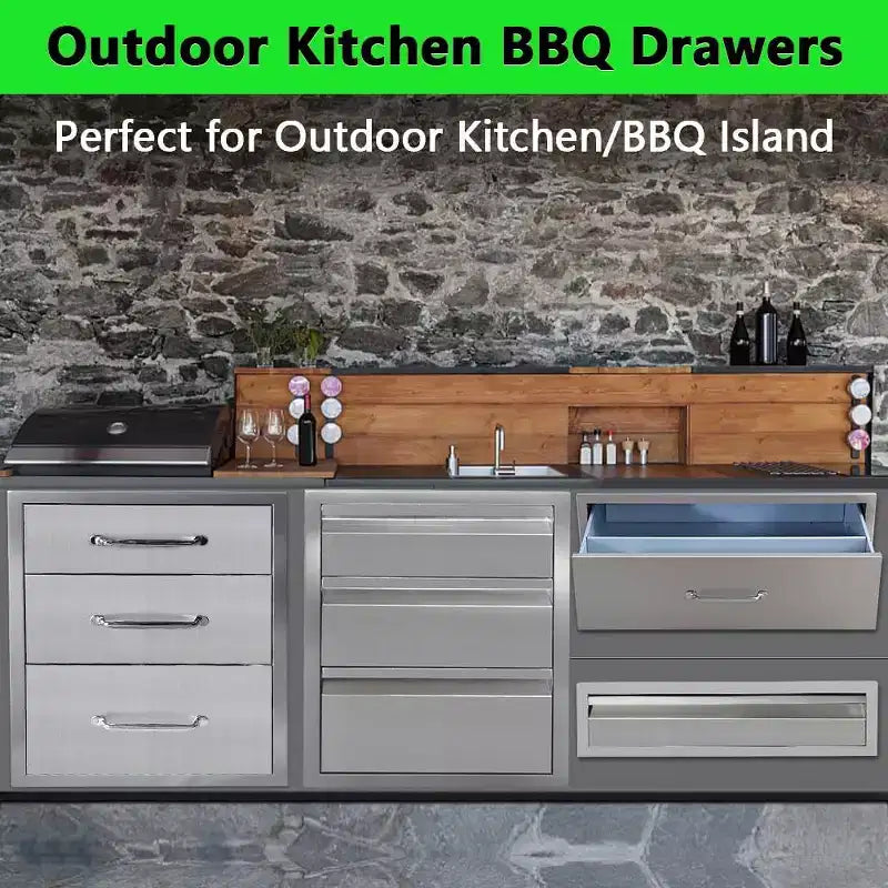 Cassetto da cucina per esterni, Cassetto BBQ da incasso a 2 strati in acciaio inossidabile per cucine da esterno e isole BBQ