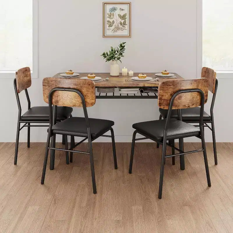 Set da 5 Pezzi per Sala da Pranzo per 4 Persone, Tavolo da Cucina in Legno con Scaffale Contenitore, 4 Sedie Imbottite, Set da Pranzo per Piccoli Spazi, Appartamento
