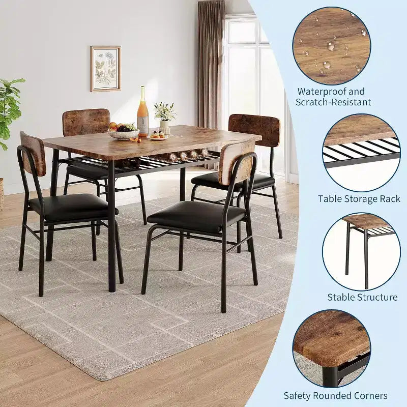Set da 5 Pezzi per Sala da Pranzo per 4 Persone, Tavolo da Cucina in Legno con Scaffale Contenitore, 4 Sedie Imbottite, Set da Pranzo per Piccoli Spazi, Appartamento