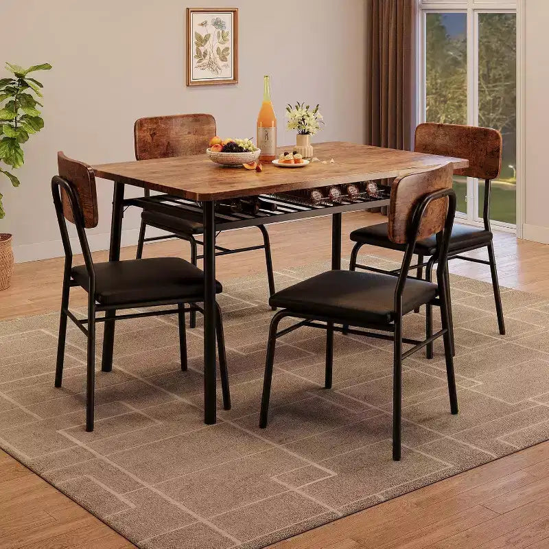 Set da 5 Pezzi per Sala da Pranzo per 4 Persone, Tavolo da Cucina in Legno con Scaffale Contenitore, 4 Sedie Imbottite, Set da Pranzo per Piccoli Spazi, Appartamento