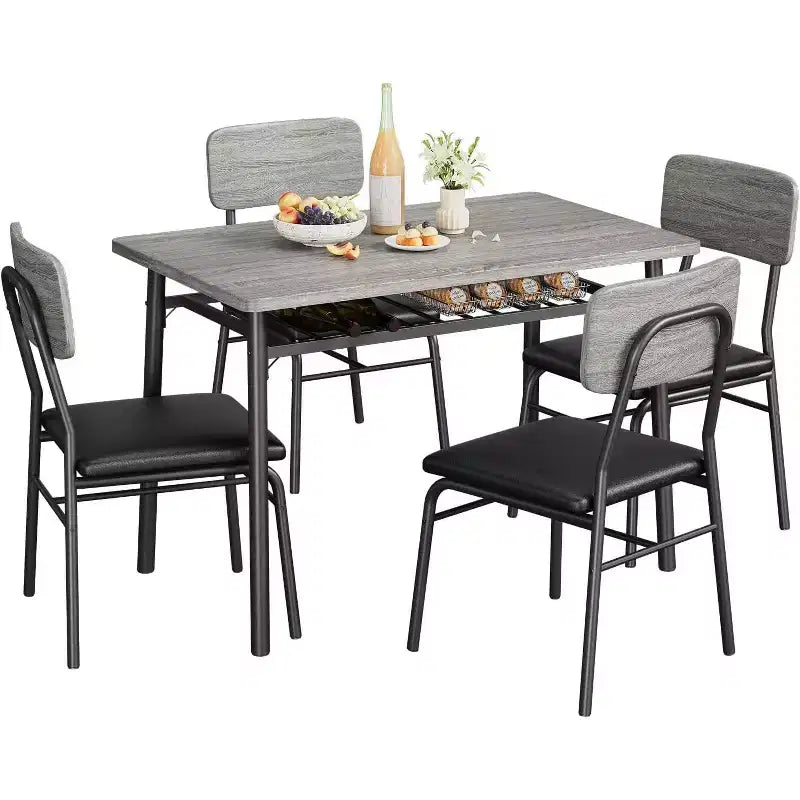 Set da 5 Pezzi per Sala da Pranzo per 4 Persone, Tavolo da Cucina in Legno con Scaffale Contenitore, 4 Sedie Imbottite, Set da Pranzo per Piccoli Spazi, Appartamento