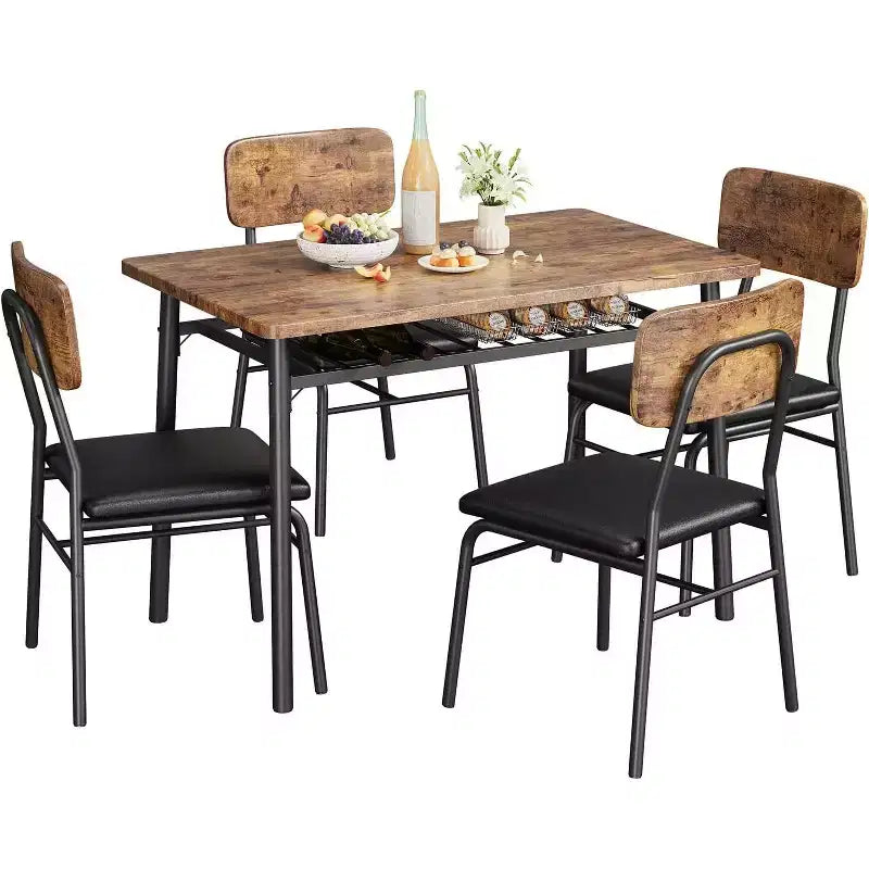 Set da 5 Pezzi per Sala da Pranzo per 4 Persone, Tavolo da Cucina in Legno con Scaffale Contenitore, 4 Sedie Imbottite, Set da Pranzo per Piccoli Spazi, Appartamento