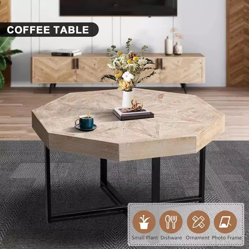 Tavolino CuisinSmart, Tavolino laterale in stile rustico con patchwork vintage, Tavolino esagonale in legno, Gambe incrociate in metallo per soggiorno, camera da letto, balcone