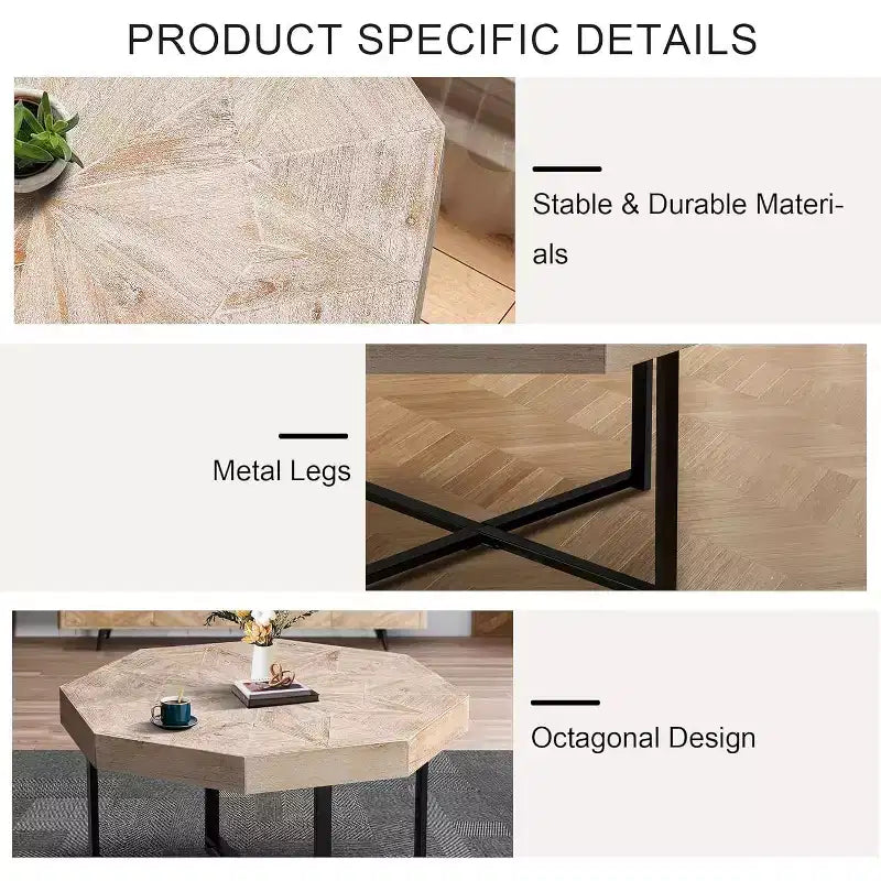 Tavolino CuisinSmart, Tavolino laterale in stile rustico con patchwork vintage, Tavolino esagonale in legno, Gambe incrociate in metallo per soggiorno, camera da letto, balcone
