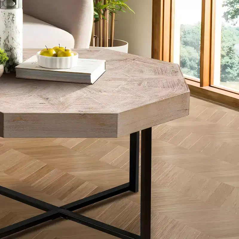 Tavolino CuisinSmart, Tavolino laterale in stile rustico con patchwork vintage, Tavolino esagonale in legno, Gambe incrociate in metallo per soggiorno, camera da letto, balcone