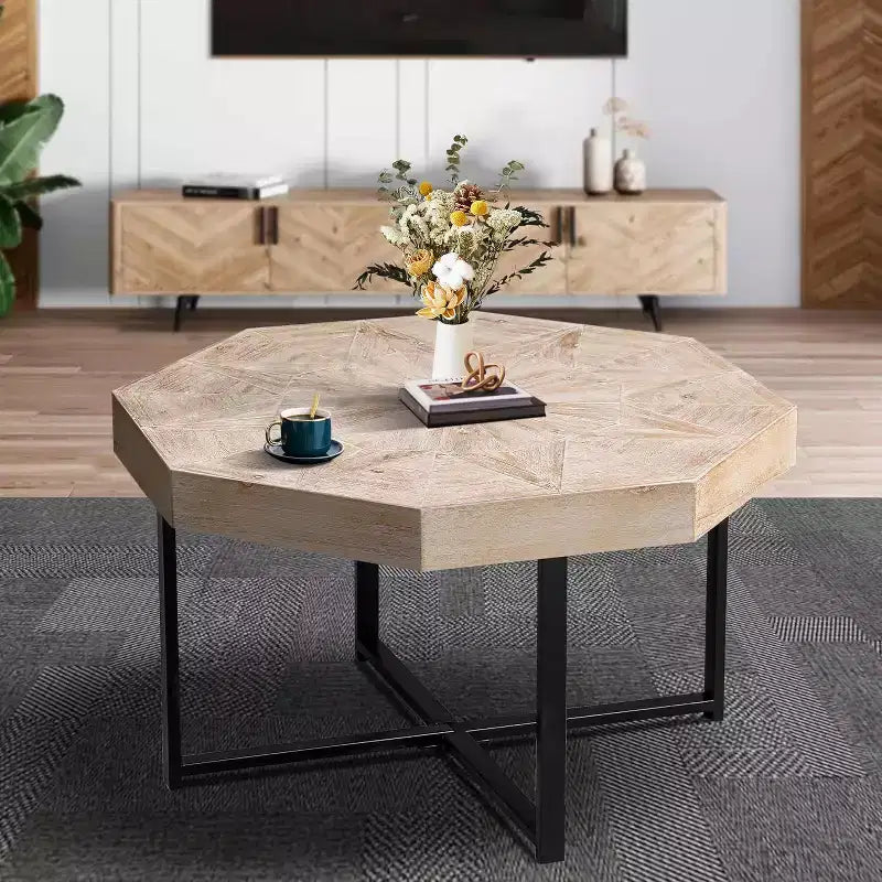 Tavolino CuisinSmart, Tavolino laterale in stile rustico con patchwork vintage, Tavolino esagonale in legno, Gambe incrociate in metallo per soggiorno, camera da letto, balcone