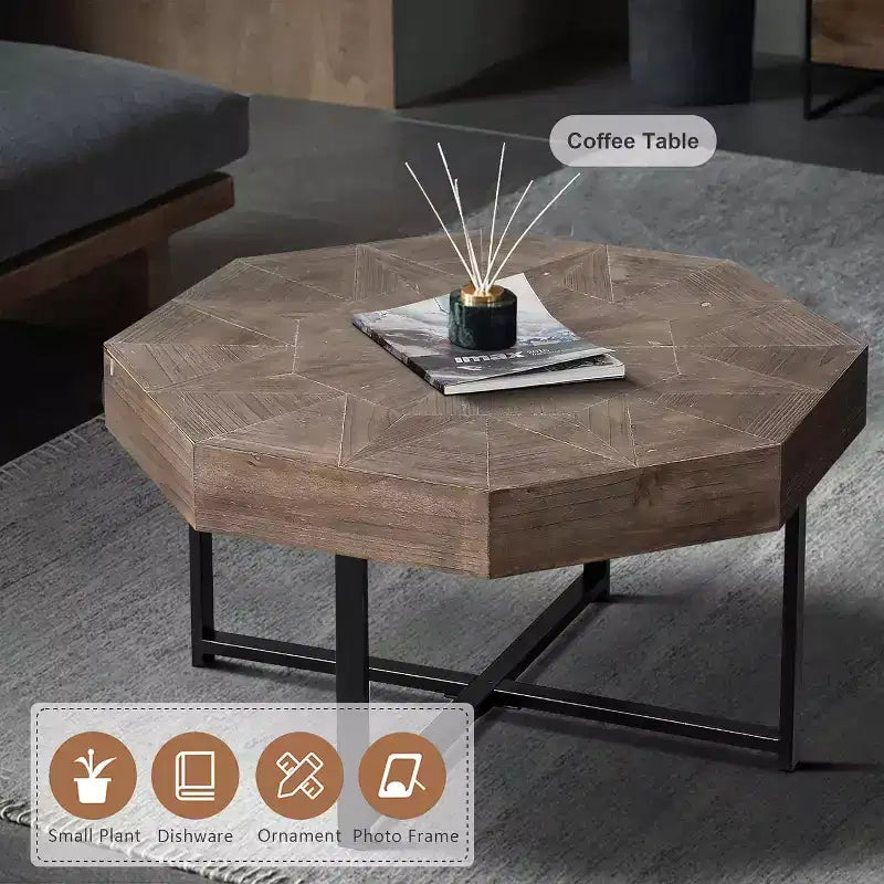 Tavolino CuisinSmart, Tavolino laterale in stile rustico con patchwork vintage, Tavolino esagonale in legno, Gambe incrociate in metallo per soggiorno, camera da letto, balcone