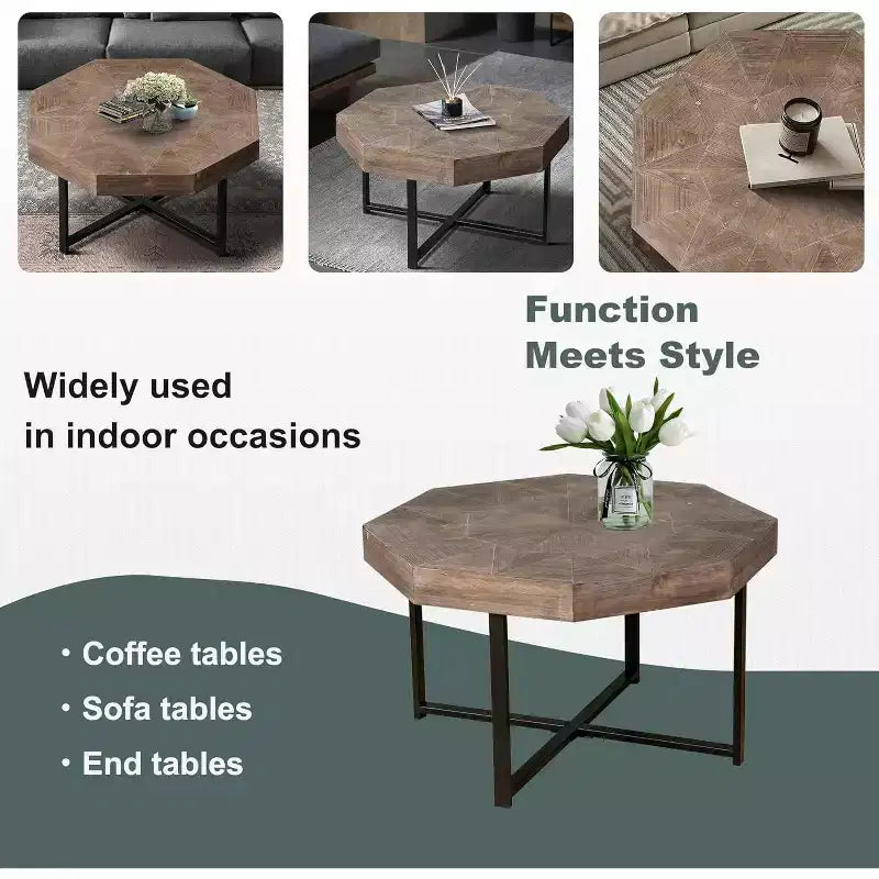 Tavolino CuisinSmart, Tavolino laterale in stile rustico con patchwork vintage, Tavolino esagonale in legno, Gambe incrociate in metallo per soggiorno, camera da letto, balcone