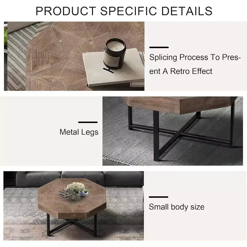 Tavolino CuisinSmart, Tavolino laterale in stile rustico con patchwork vintage, Tavolino esagonale in legno, Gambe incrociate in metallo per soggiorno, camera da letto, balcone