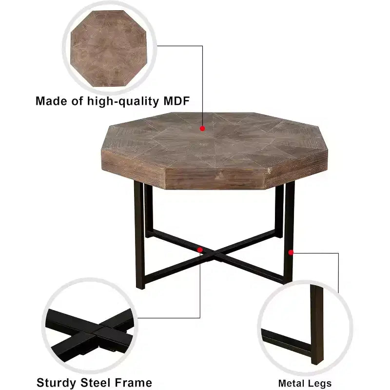 Tavolino CuisinSmart, Tavolino laterale in stile rustico con patchwork vintage, Tavolino esagonale in legno, Gambe incrociate in metallo per soggiorno, camera da letto, balcone