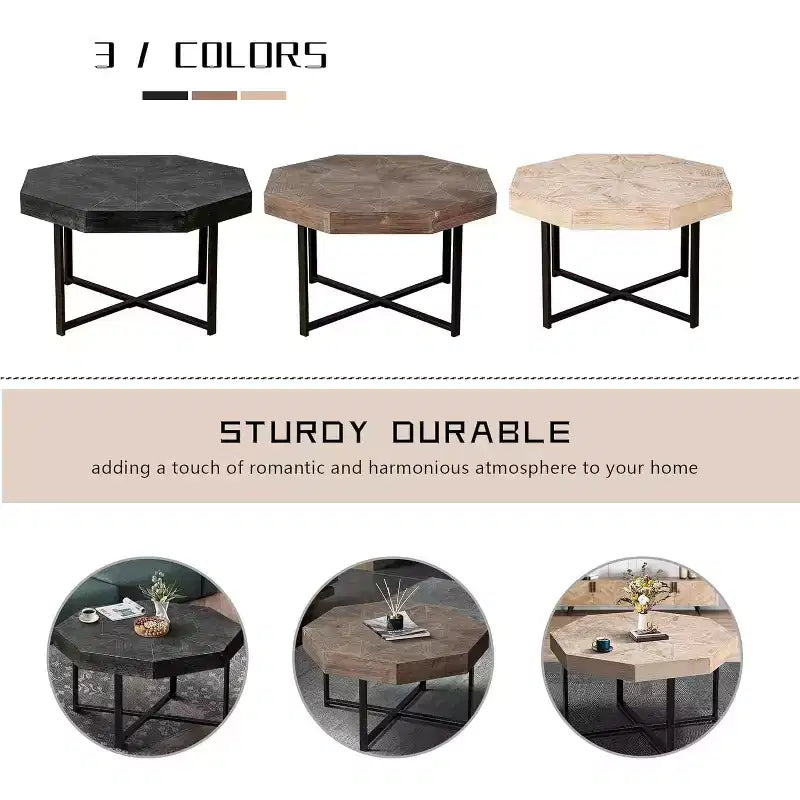 Tavolino CuisinSmart, Tavolino laterale in stile rustico con patchwork vintage, Tavolino esagonale in legno, Gambe incrociate in metallo per soggiorno, camera da letto, balcone