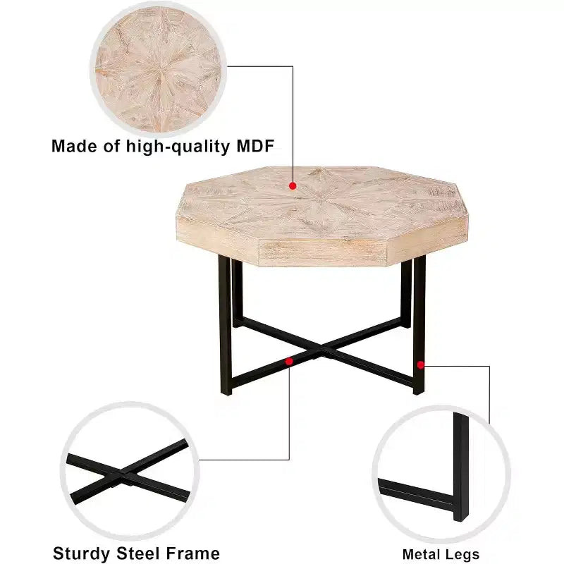 Tavolino CuisinSmart, Tavolino laterale in stile rustico con patchwork vintage, Tavolino esagonale in legno, Gambe incrociate in metallo per soggiorno, camera da letto, balcone