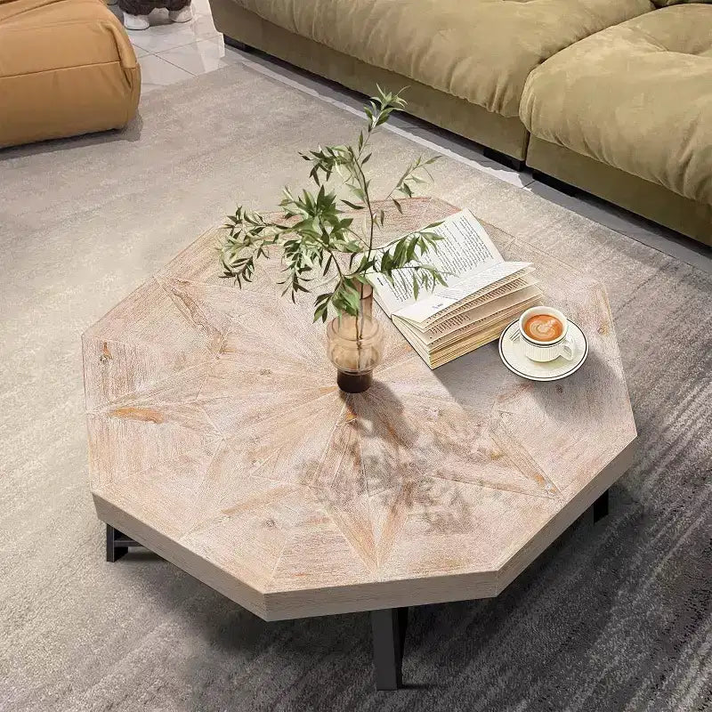 Tavolino CuisinSmart, Tavolino laterale in stile rustico con patchwork vintage, Tavolino esagonale in legno, Gambe incrociate in metallo per soggiorno, camera da letto, balcone