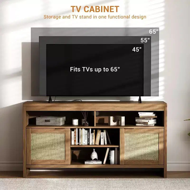 Mobile TV Boho da 65 pollici con ante in rattan - Mobile porta TV moderno in legno da 58 con ripiani regolabili per soggiorno