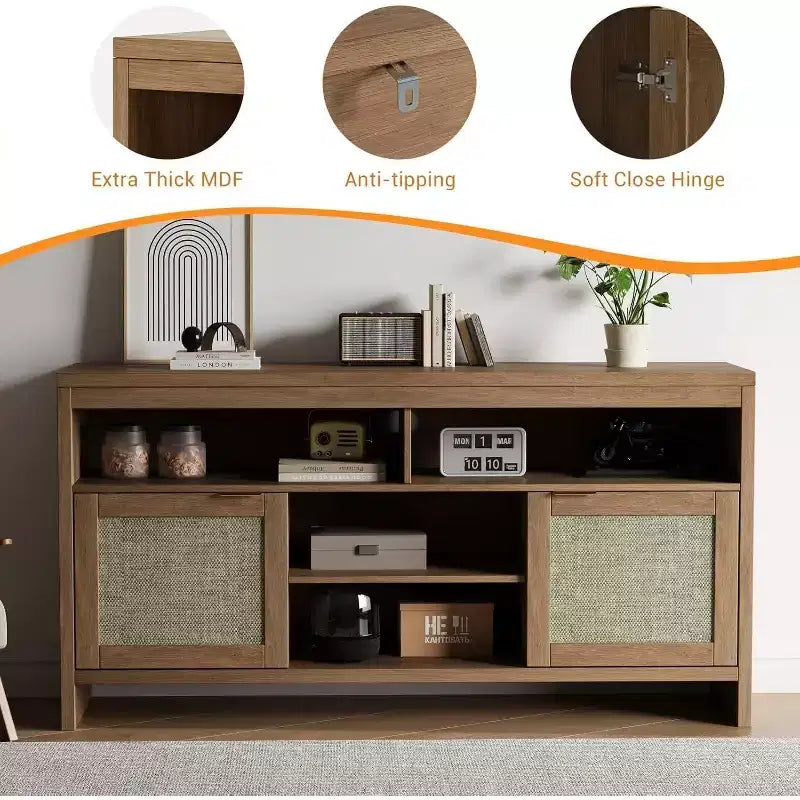 Mobile TV Boho da 65 pollici con ante in rattan - Mobile porta TV moderno in legno da 58 con ripiani regolabili per soggiorno
