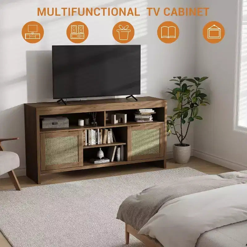 Mobile TV Boho da 65 pollici con ante in rattan - Mobile porta TV moderno in legno da 58 con ripiani regolabili per soggiorno