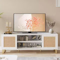 65 Inch Modern TV Stand with Rattan & Marble Finish - White & Gold Entertainment Center with Storage Doors & Shelves