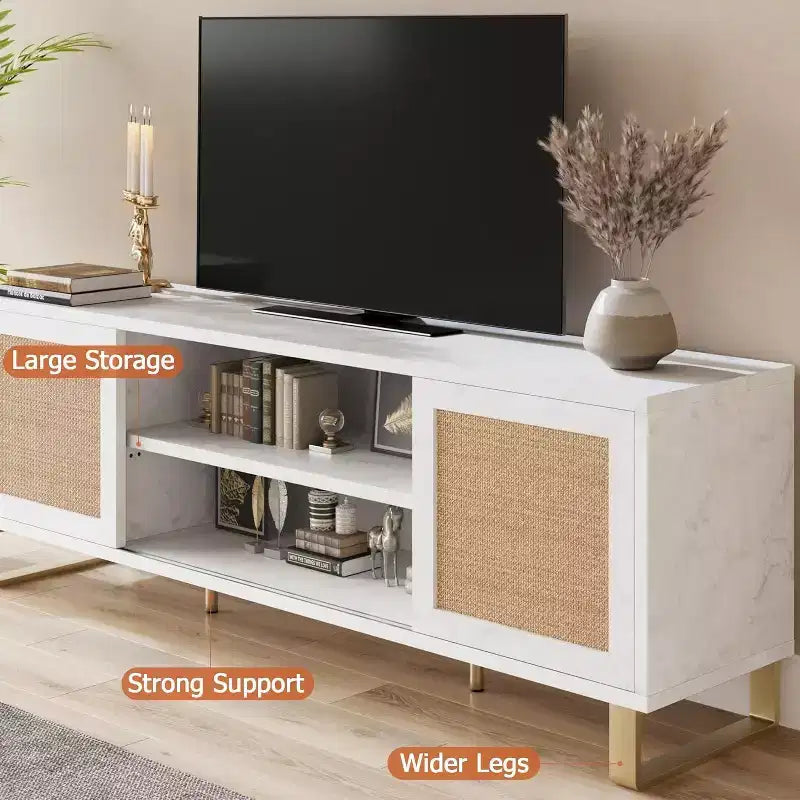 Mobile TV moderno da 65 pollici con finitura in rattan e marmo - Centro di intrattenimento bianco e oro con ante e ripiani contenitori