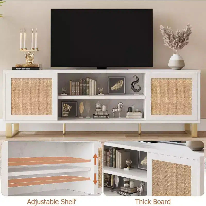 Mobile TV moderno da 65 pollici con finitura in rattan e marmo - Centro di intrattenimento bianco e oro con ante e ripiani contenitori
