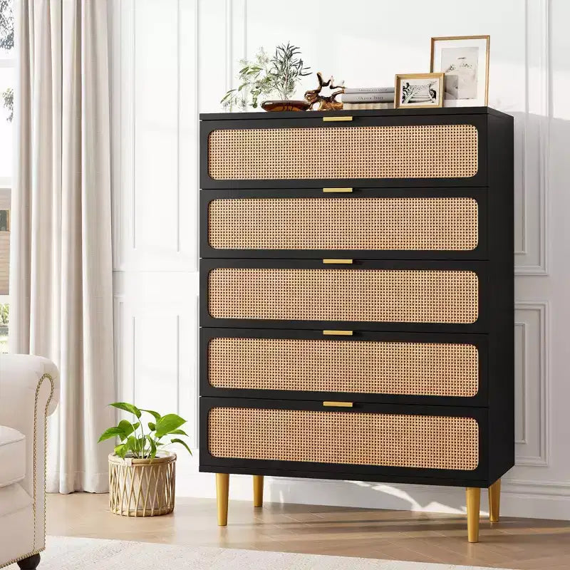 Garvee Rattan 5 Drawer Dresser for Bedroom, Tall Chest with Wide Top and Deep Storage Drawers for Living Room, Hallway, Kids Room