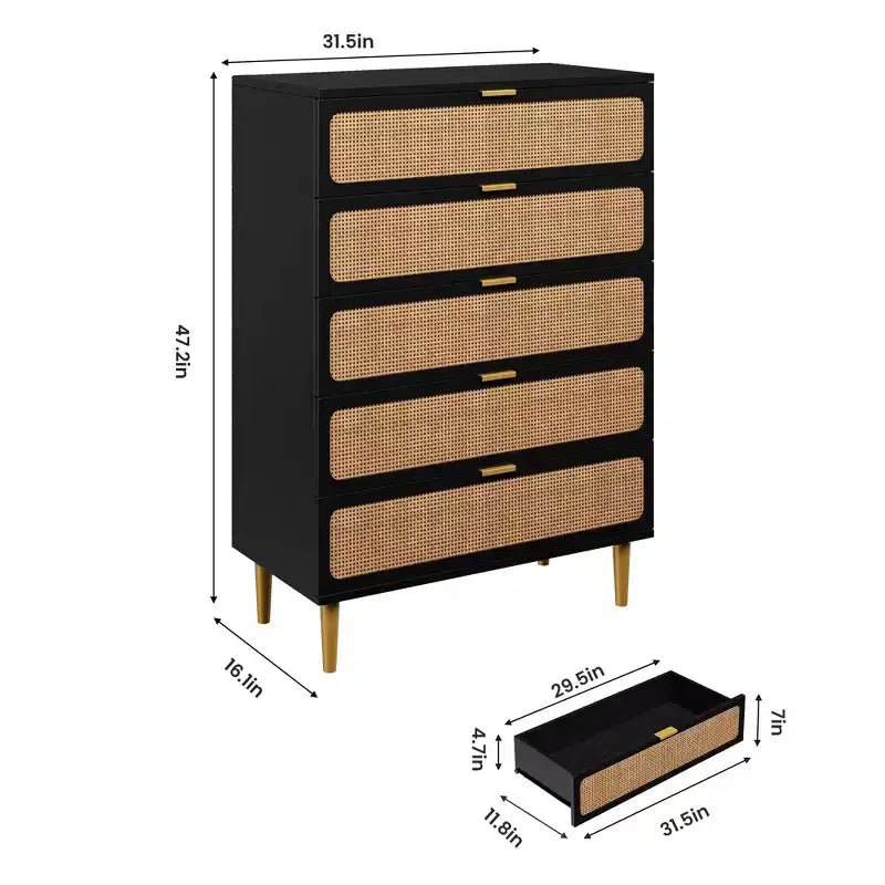 Cassettiera Garvee Rattan a 5 cassetti per Camera da Letto, Cassettone Alto con Piano Largo e Cassetti Profondi per Soggiorno, Corridoio, Camera dei Bambini