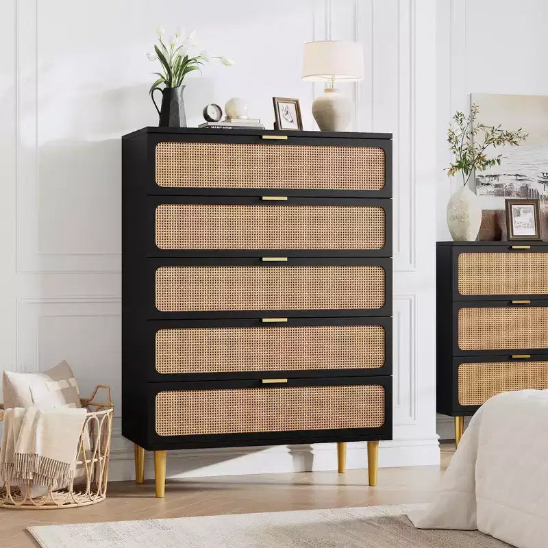 Cassettiera Garvee Rattan a 5 cassetti per Camera da Letto, Cassettone Alto con Piano Largo e Cassetti Profondi per Soggiorno, Corridoio, Camera dei Bambini
