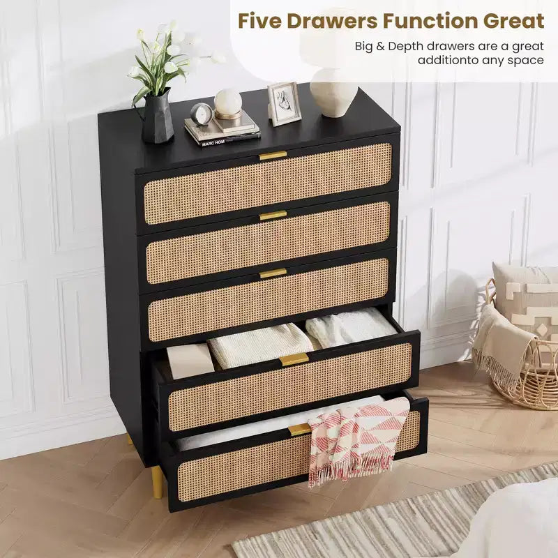 Cassettiera Garvee Rattan a 5 cassetti per Camera da Letto, Cassettone Alto con Piano Largo e Cassetti Profondi per Soggiorno, Corridoio, Camera dei Bambini