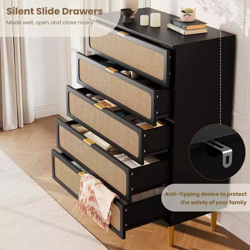Cassettiera Garvee Rattan a 5 cassetti per Camera da Letto, Cassettone Alto con Piano Largo e Cassetti Profondi per Soggiorno, Corridoio, Camera dei Bambini