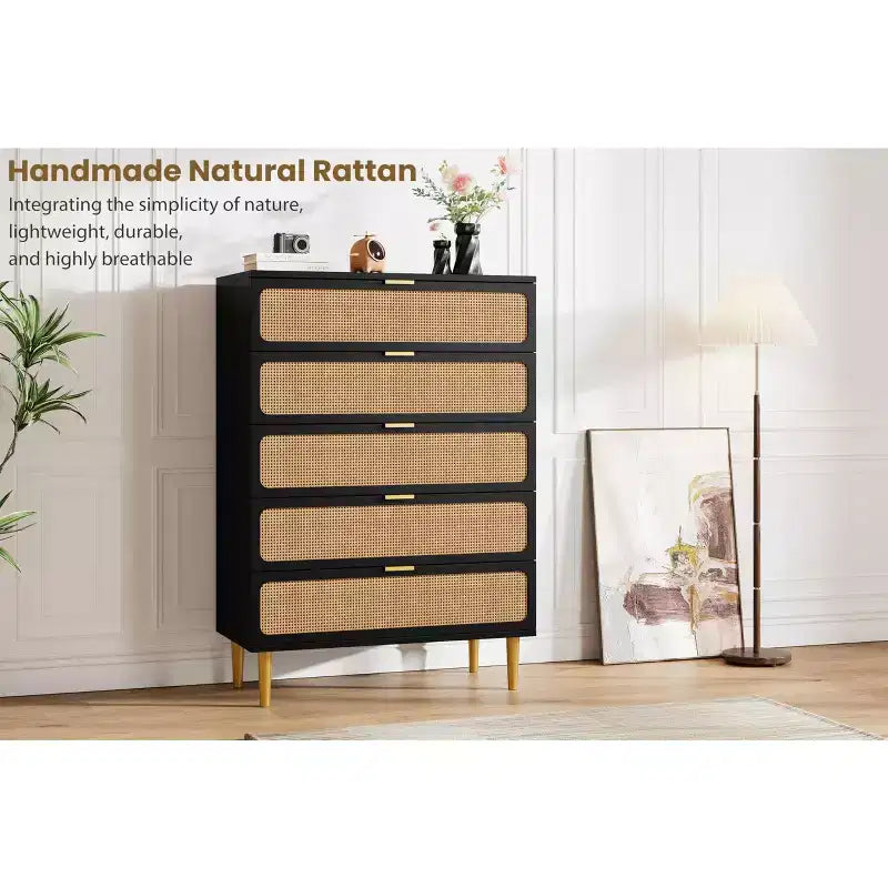 Cassettiera Garvee Rattan a 5 cassetti per Camera da Letto, Cassettone Alto con Piano Largo e Cassetti Profondi per Soggiorno, Corridoio, Camera dei Bambini