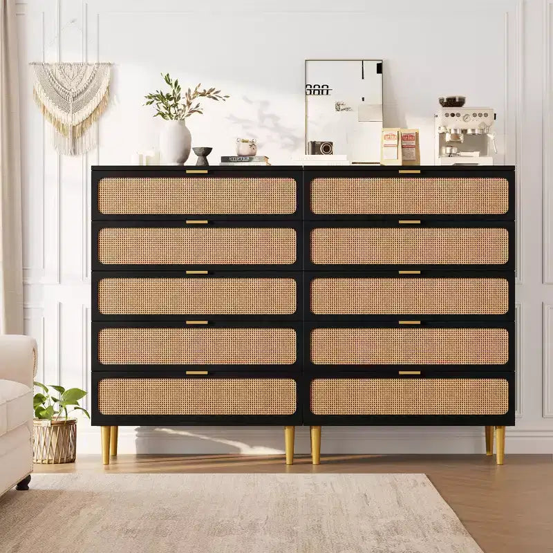 Cassettiera Garvee Rattan a 5 cassetti per Camera da Letto, Cassettone Alto con Piano Largo e Cassetti Profondi per Soggiorno, Corridoio, Camera dei Bambini