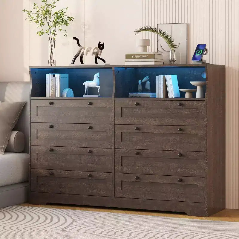 55 Inch Tall Wooden Bedroom Dressers with Power Outlet and Led Lights, Large Modern 8 Drawers Dressers for Living Room, Hallway
