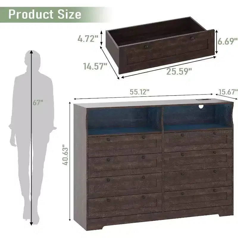 Comò da camera da letto in legno alto 140 cm con presa di corrente e luci a LED, cassettiere grandi e moderne a 8 cassetti per soggiorno, corridoio