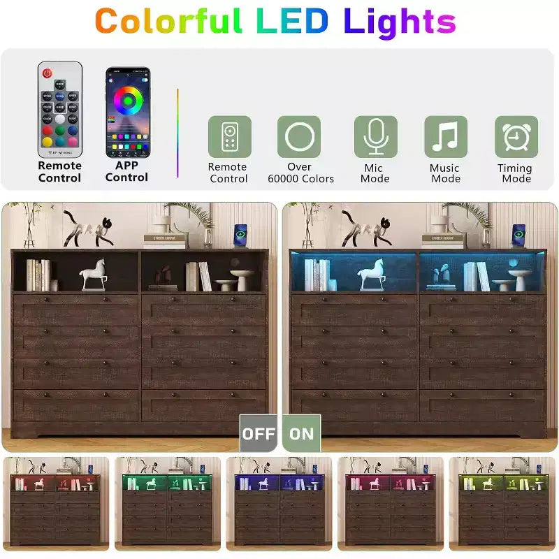 Comò da camera da letto in legno alto 140 cm con presa di corrente e luci a LED, cassettiere grandi e moderne a 8 cassetti per soggiorno, corridoio