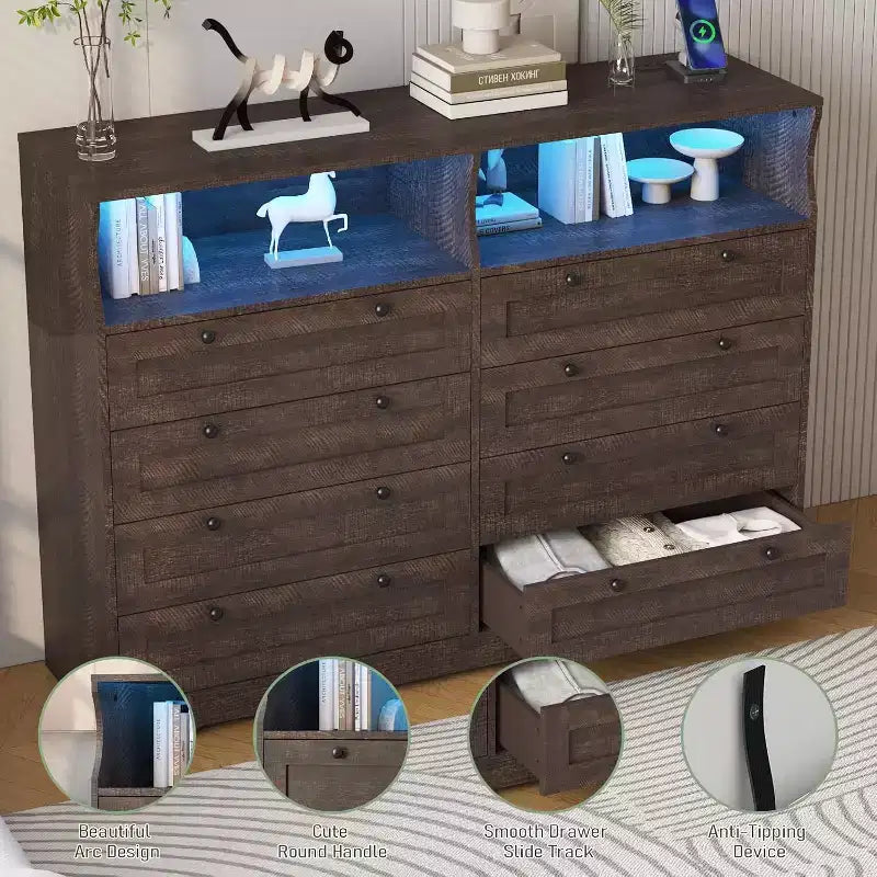 Comò da camera da letto in legno alto 140 cm con presa di corrente e luci a LED, cassettiere grandi e moderne a 8 cassetti per soggiorno, corridoio