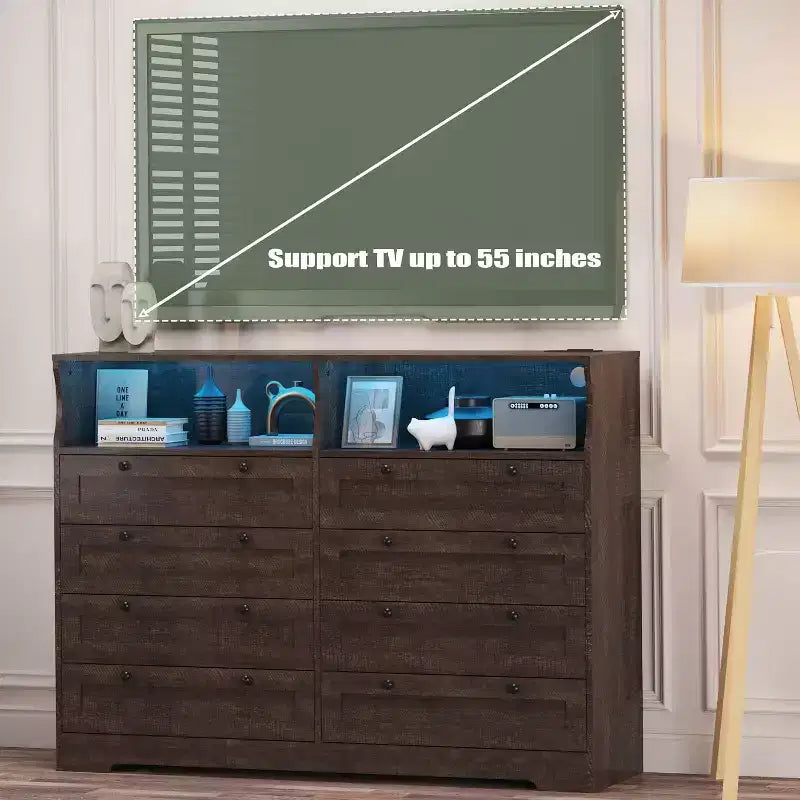 Comò da camera da letto in legno alto 140 cm con presa di corrente e luci a LED, cassettiere grandi e moderne a 8 cassetti per soggiorno, corridoio