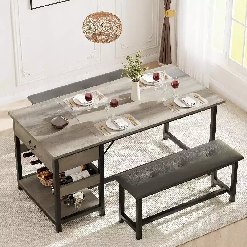 Set da pranzo CuisinSmart per 4, set da pranzo con 2 panche imbottite, set da sala da pranzo salvaspazio con cassetti portaoggetti e portabottiglie