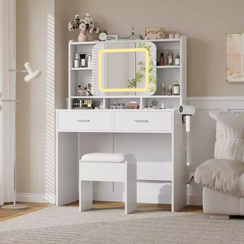 GustoWave Tocador con specchio scorrevole, scrivania per trucco e sgabello con luci a 3 colori, tavolo da toeletta per ragazze con stazione di ricarica