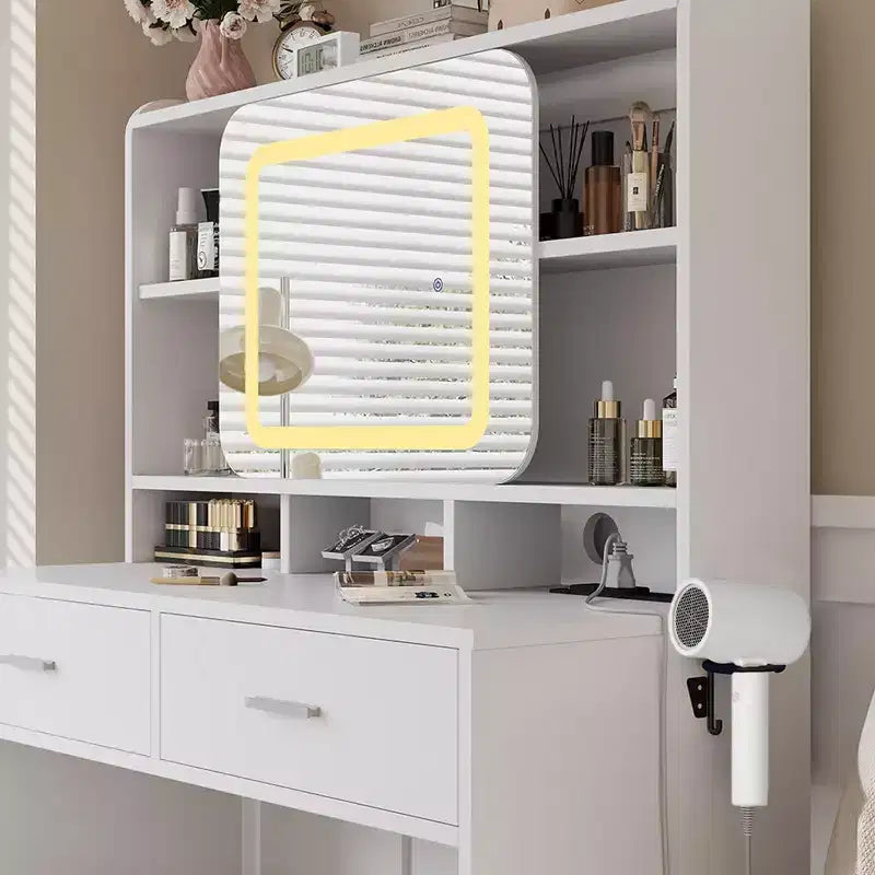 GustoWave Tocador con specchio scorrevole, scrivania per trucco e sgabello con luci a 3 colori, tavolo da toeletta per ragazze con stazione di ricarica