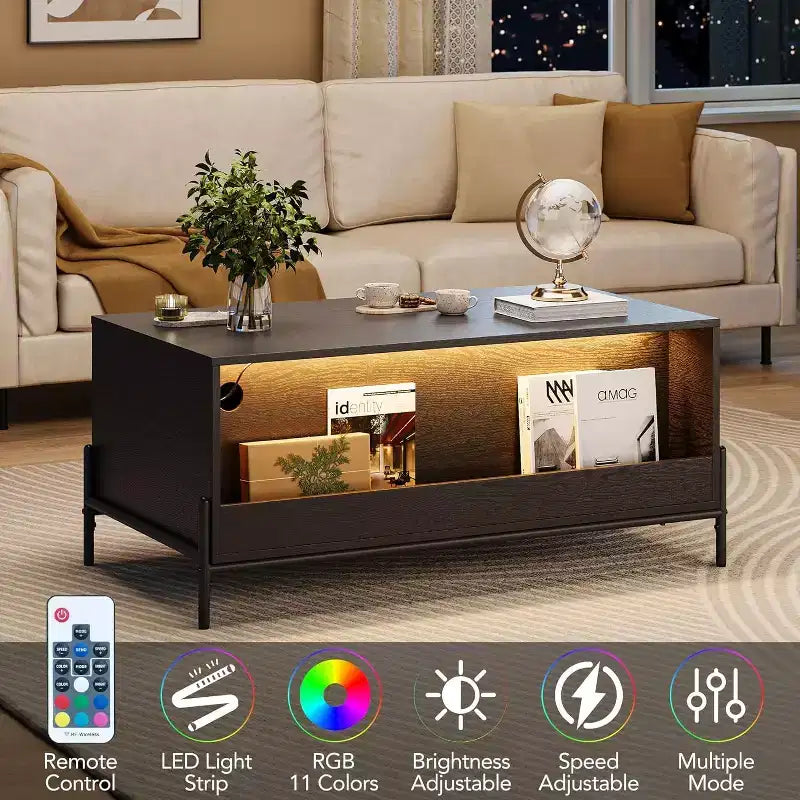 Tavolino da caffè nero e rovere in stile Mid-Century Modern con ante in rattan, luci LED, 2 cassetti e mobiletto, tavolo rettangolare da soggiorno