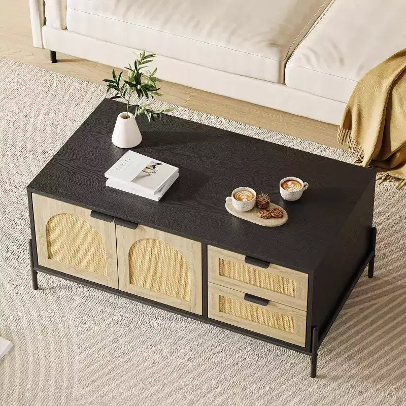 Tavolino da caffè nero e rovere in stile Mid-Century Modern con ante in rattan, luci LED, 2 cassetti e mobiletto, tavolo rettangolare da soggiorno