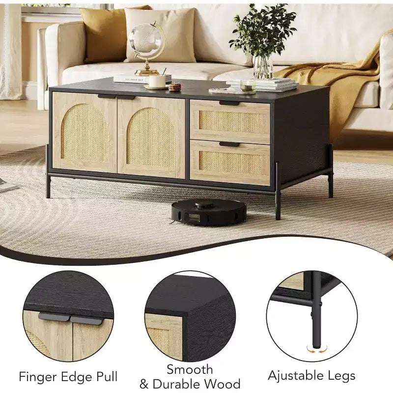 Tavolino da caffè nero e rovere in stile Mid-Century Modern con ante in rattan, luci LED, 2 cassetti e mobiletto, tavolo rettangolare da soggiorno