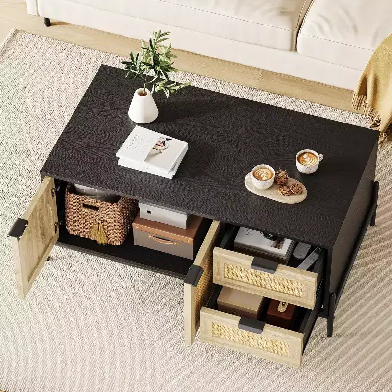 Tavolino da caffè nero e rovere in stile Mid-Century Modern con ante in rattan, luci LED, 2 cassetti e mobiletto, tavolo rettangolare da soggiorno