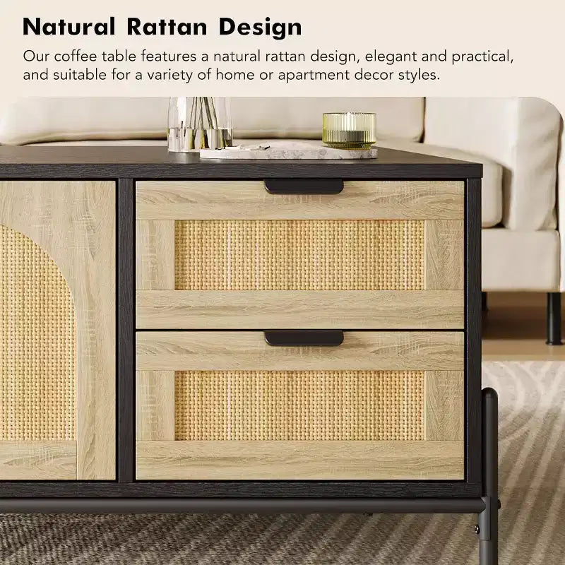 Tavolino da caffè nero e rovere in stile Mid-Century Modern con ante in rattan, luci LED, 2 cassetti e mobiletto, tavolo rettangolare da soggiorno