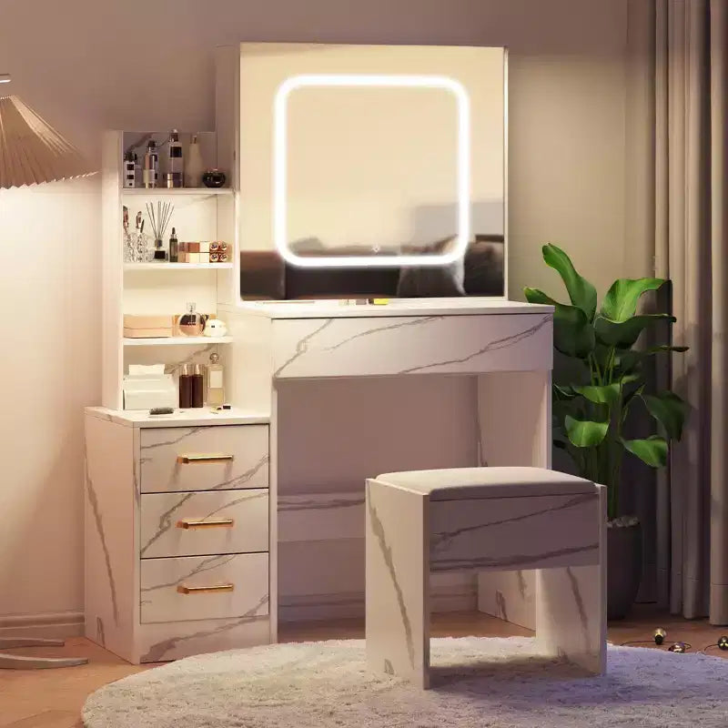 GustoWave Tavolino da trucco con luci LED, Toeletta da trucco con specchio scorrevole illuminato, Stazione di ricarica, Cassettiera
