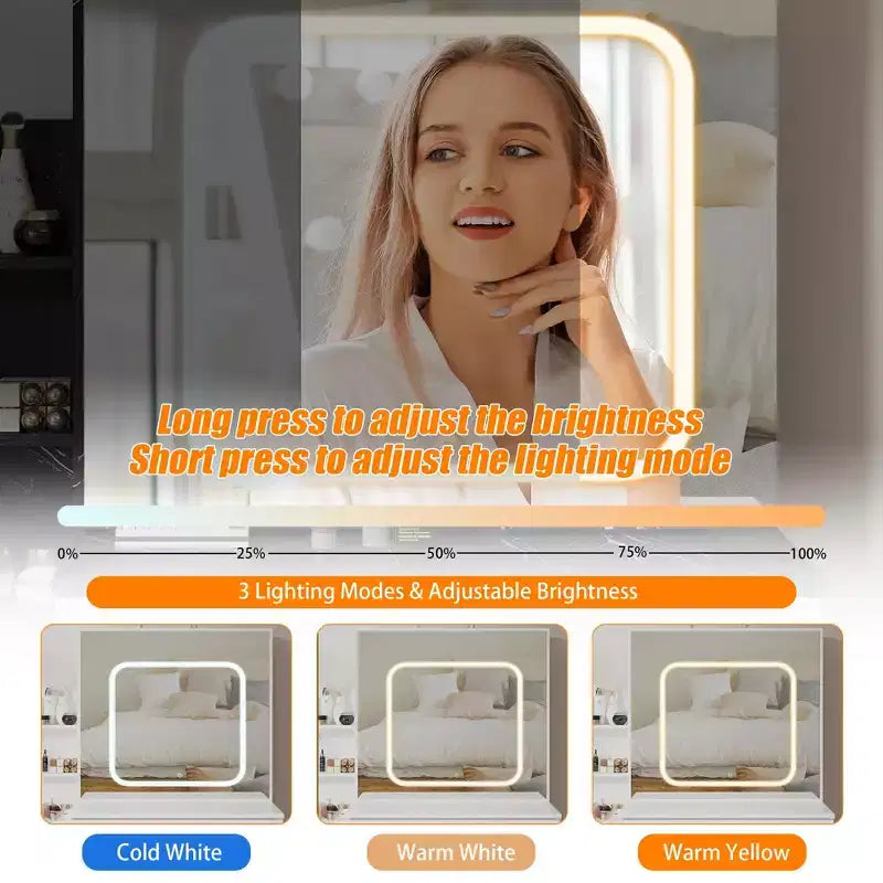 GustoWave Tavolino da trucco con luci LED, Toeletta da trucco con specchio scorrevole illuminato, Stazione di ricarica, Cassettiera