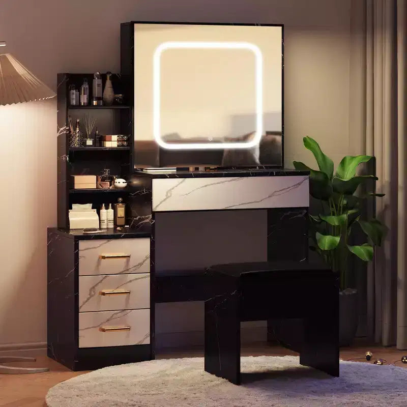 GustoWave Tavolino da trucco con luci LED, Toeletta da trucco con specchio scorrevole illuminato, Stazione di ricarica, Cassettiera