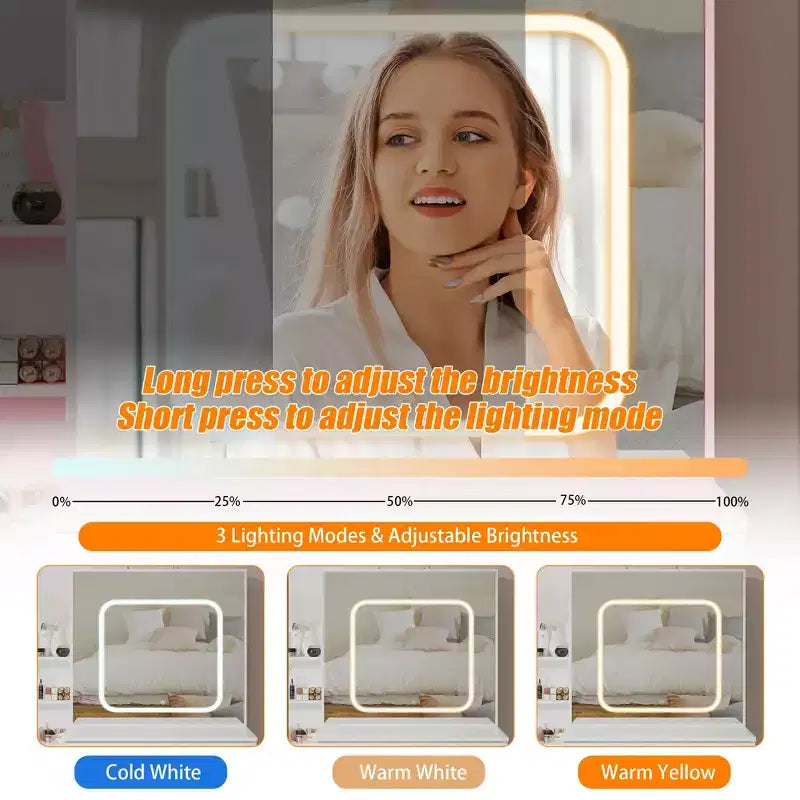 GustoWave Tavolino da trucco con luci LED, Toeletta da trucco con specchio scorrevole illuminato, Stazione di ricarica, Cassettiera